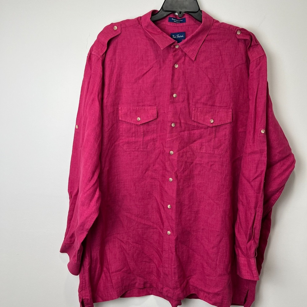 Paul Frederick dress shirt 3XLT linen button long sleeve roll up tab epaulets